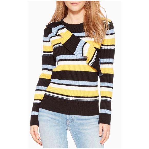 Parker Women’s Sz S Striped Ruffle Ribbed Knit Sweater Yellow Gray Black - Picture 1 of 14